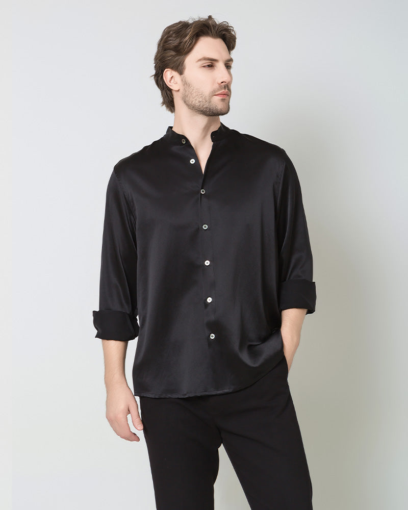 Silk Men's Casual Long Sleeve Shirt, Black