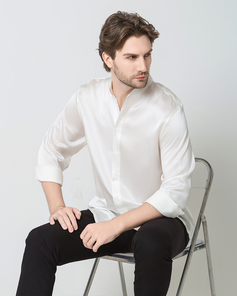 Silk Men's Casual Long Sleeve Shirt, White