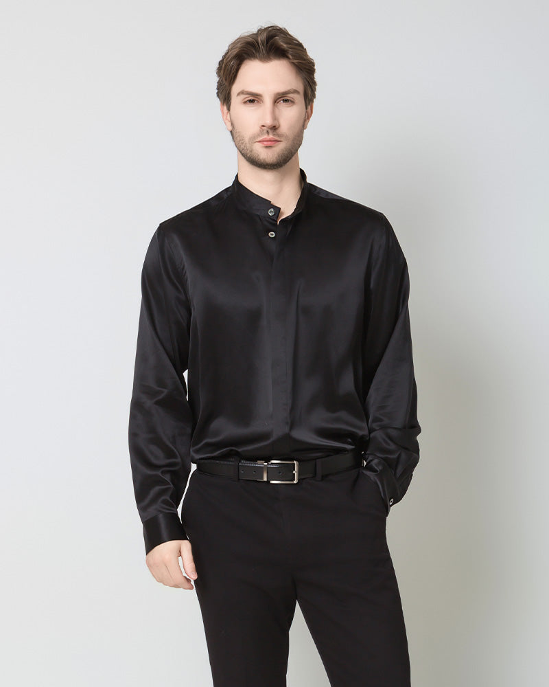 Silk Men's Casual Loose Office Shirt, Black