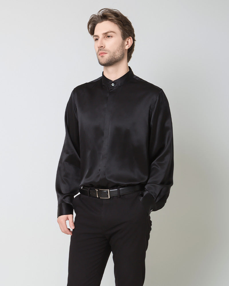 Silk Men's Casual Loose Office Shirt, Black