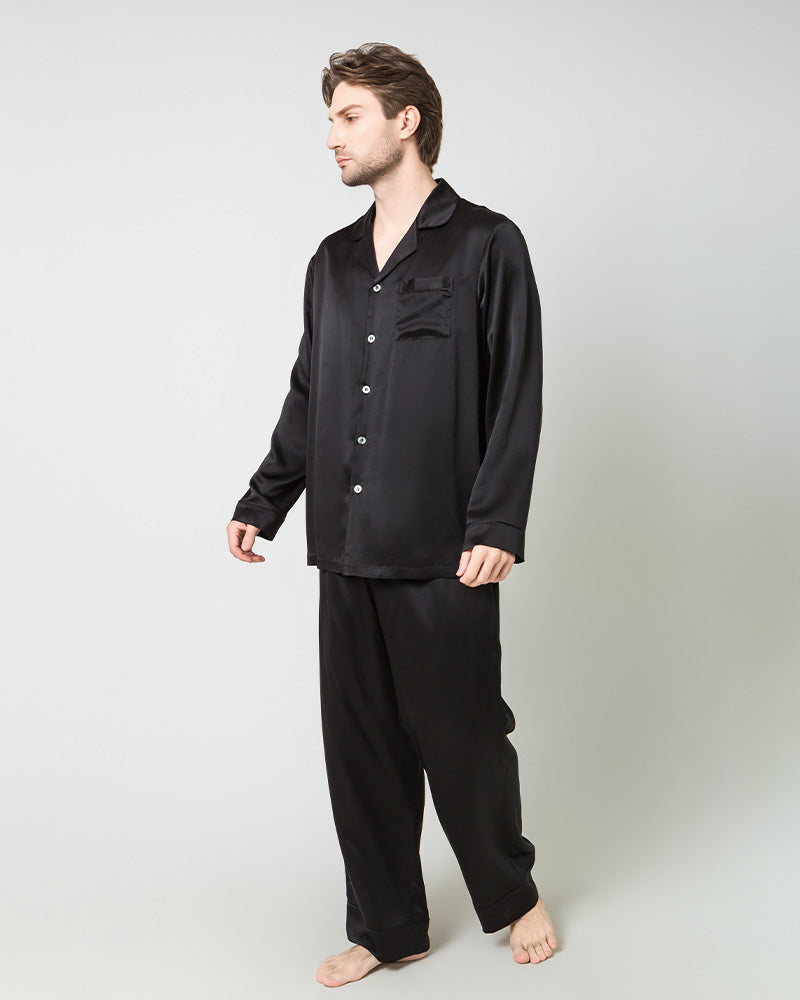 Silk Men's Loosen Long Pajamas, Black