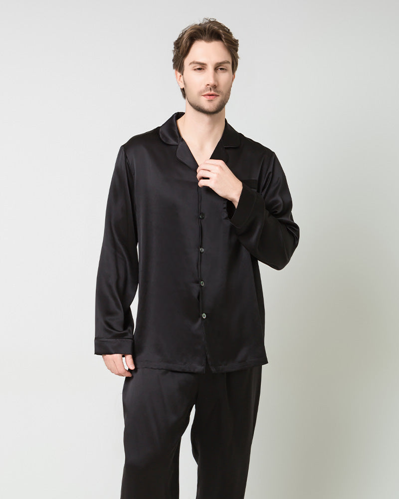 Silk Men's Loosen Long Pajamas, Black