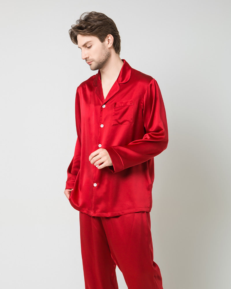 Silk Men's Loosen Long Pajamas, Red