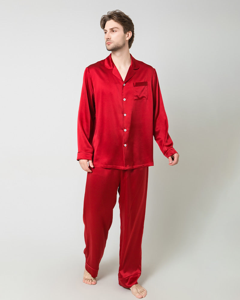 Silk Men's Loosen Long Pajamas, Red