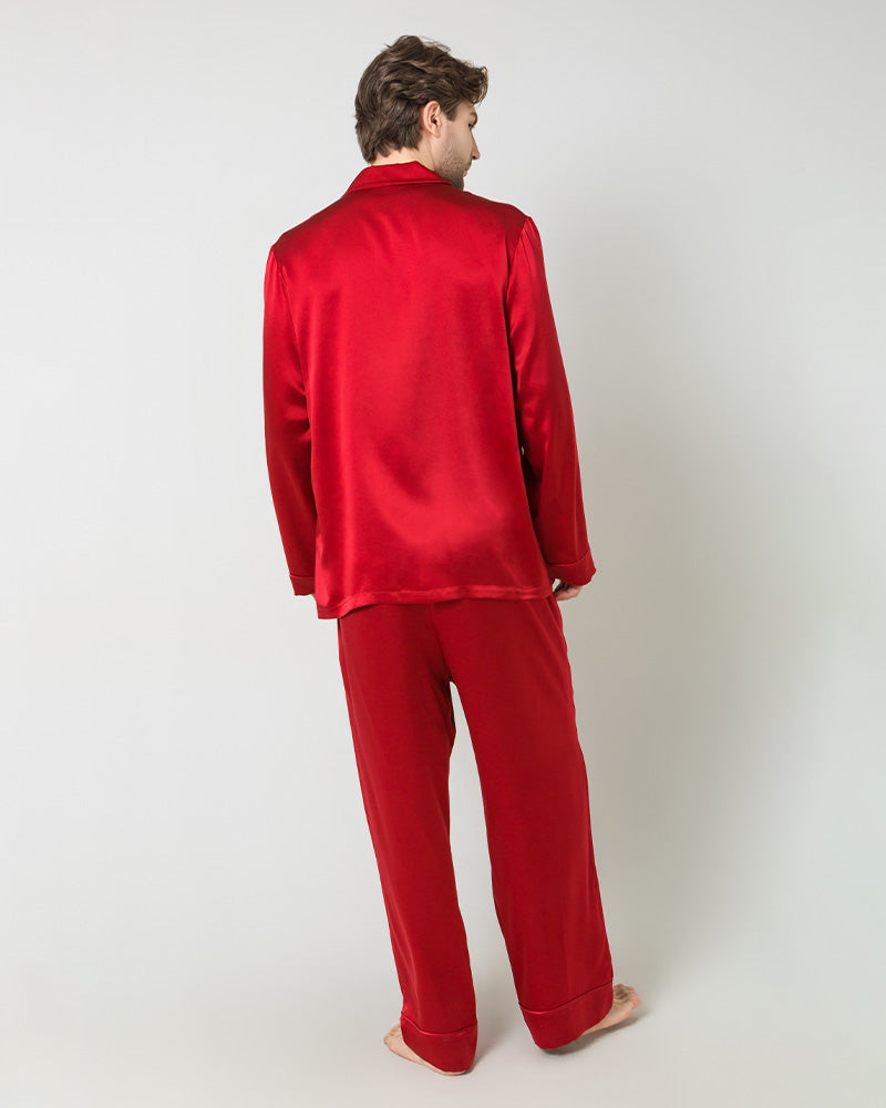 Silk Men's Loosen Long Pajamas, Red