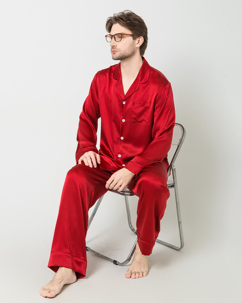 Silk Men's Loosen Long Pajamas, Red