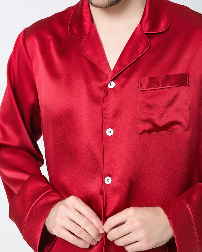 Silk Men's Loosen Long Pajamas, Red