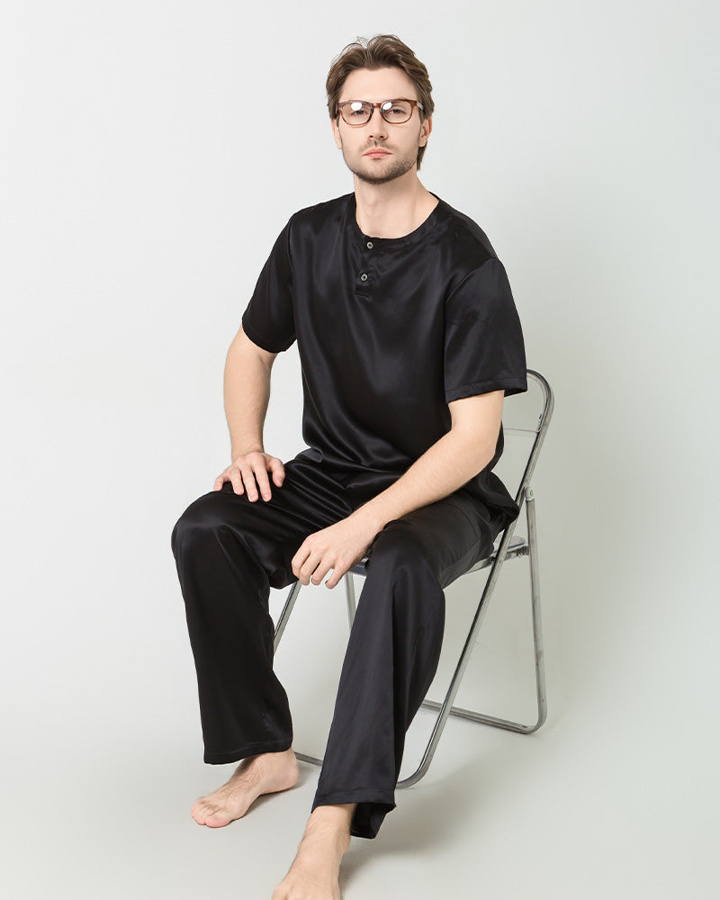 Men's Short Sleeves& Pants Silk Pajamas Set, Black