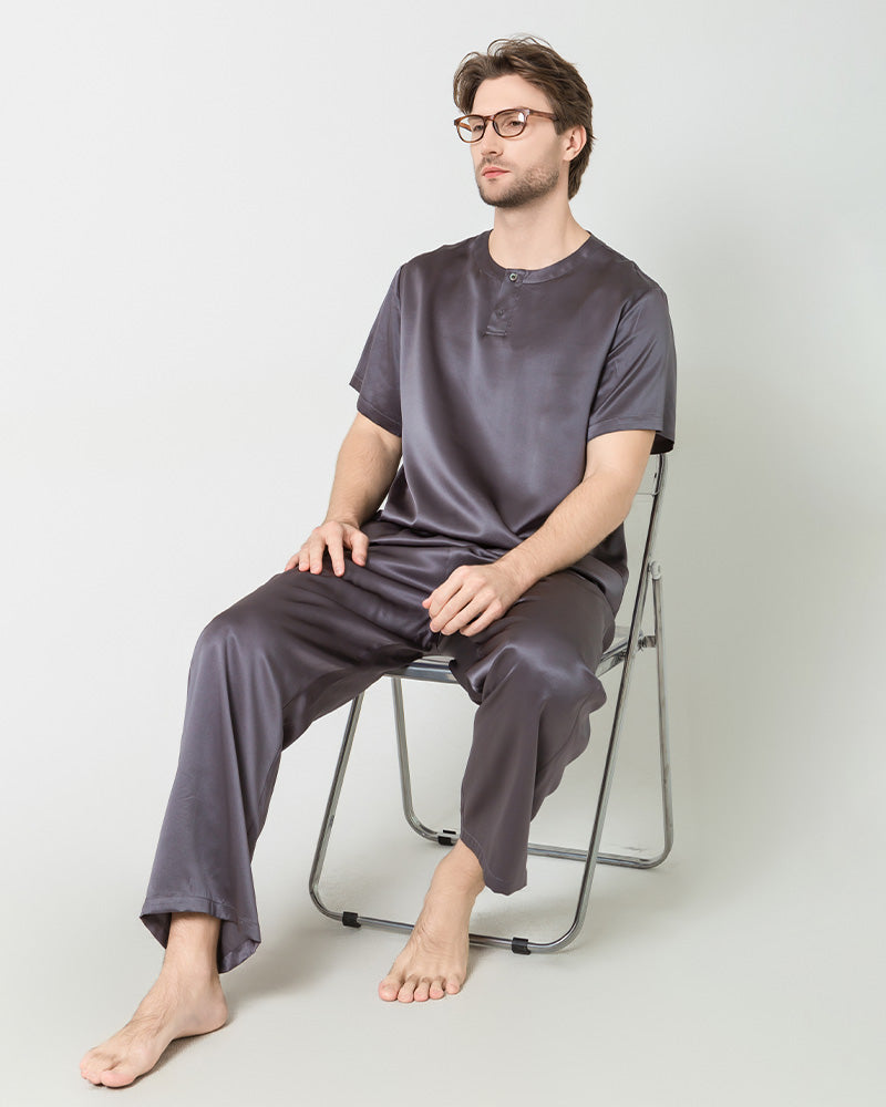 Men's Short Sleeves& Pants Silk Pajamas Set, Grey