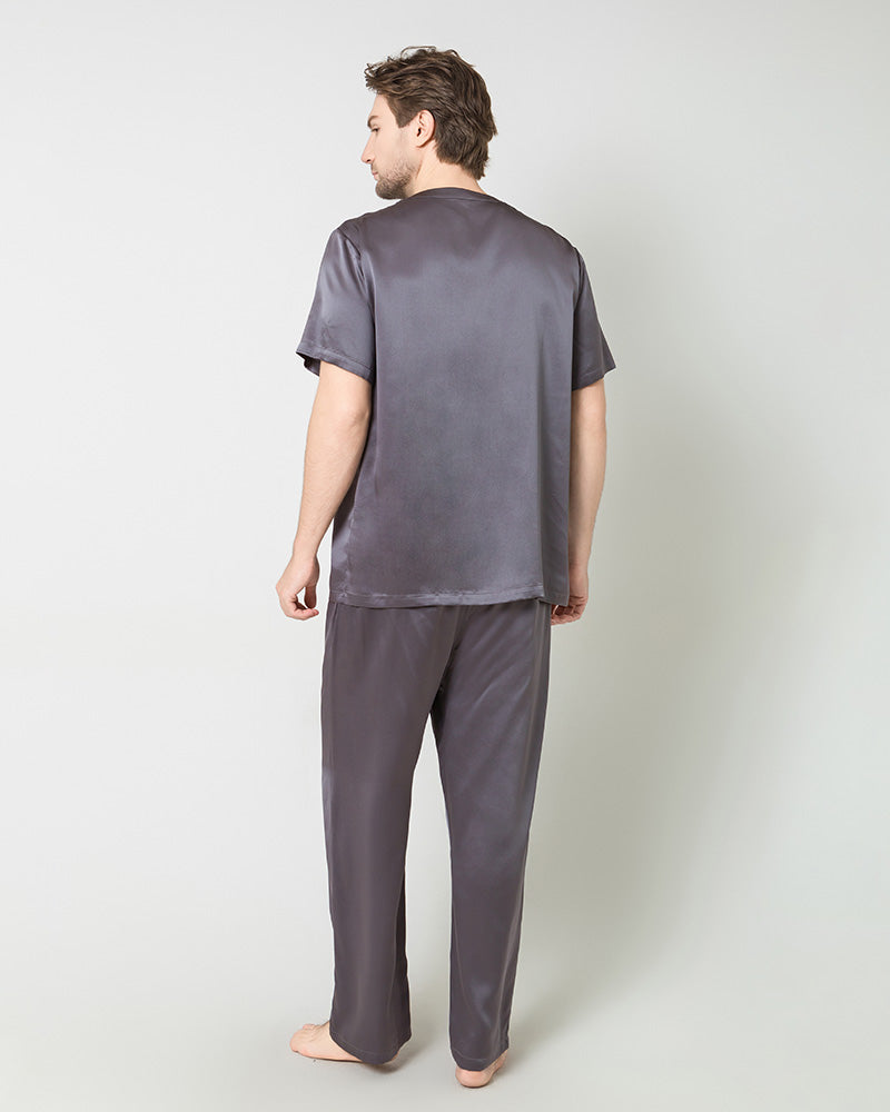 Men's Short Sleeves& Pants Silk Pajamas Set, Grey