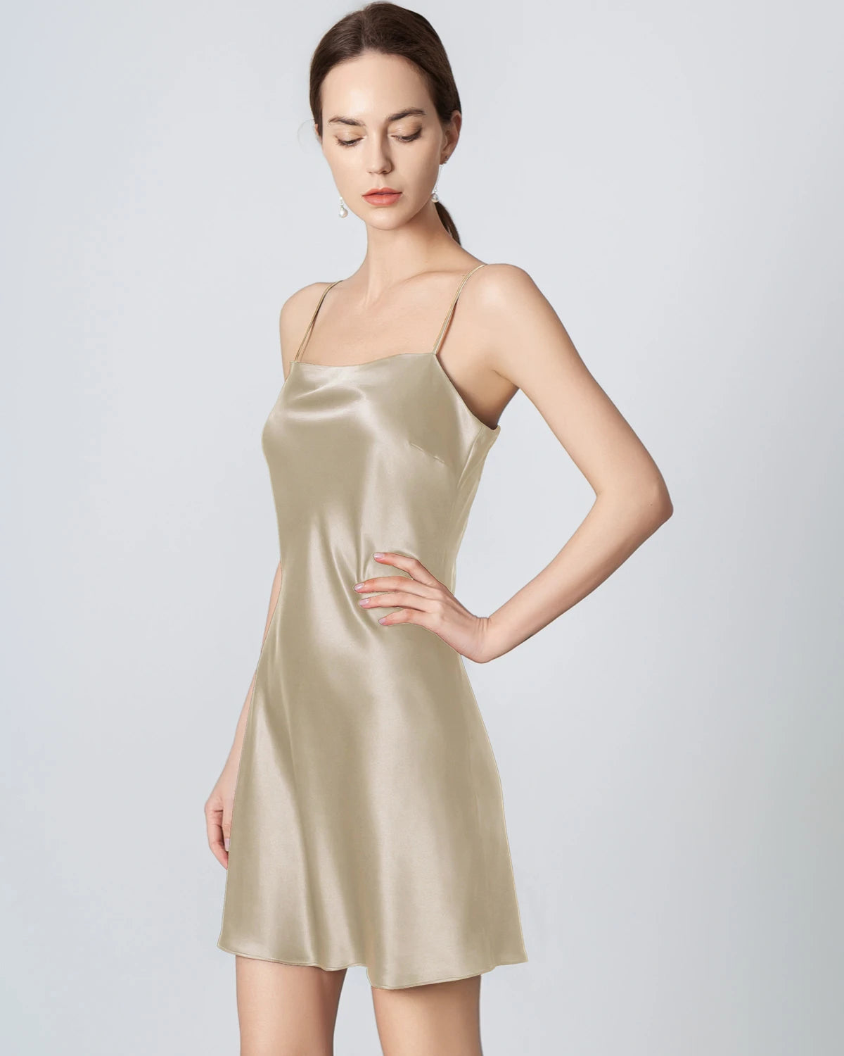 Silk Black Mini Cami Dress, Champagne