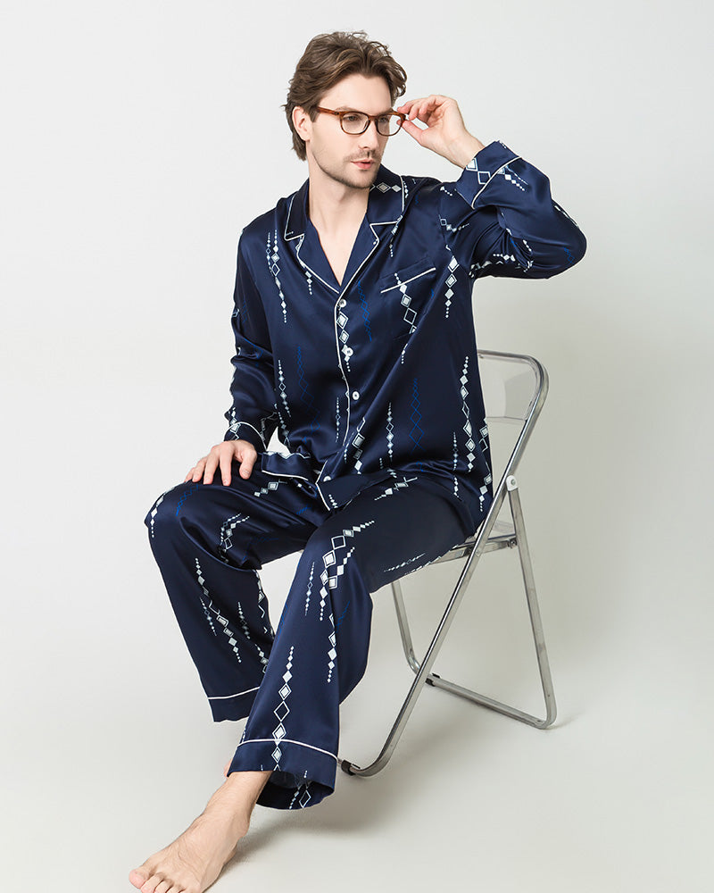 Men's Silk Print Pajamas Set, Navy