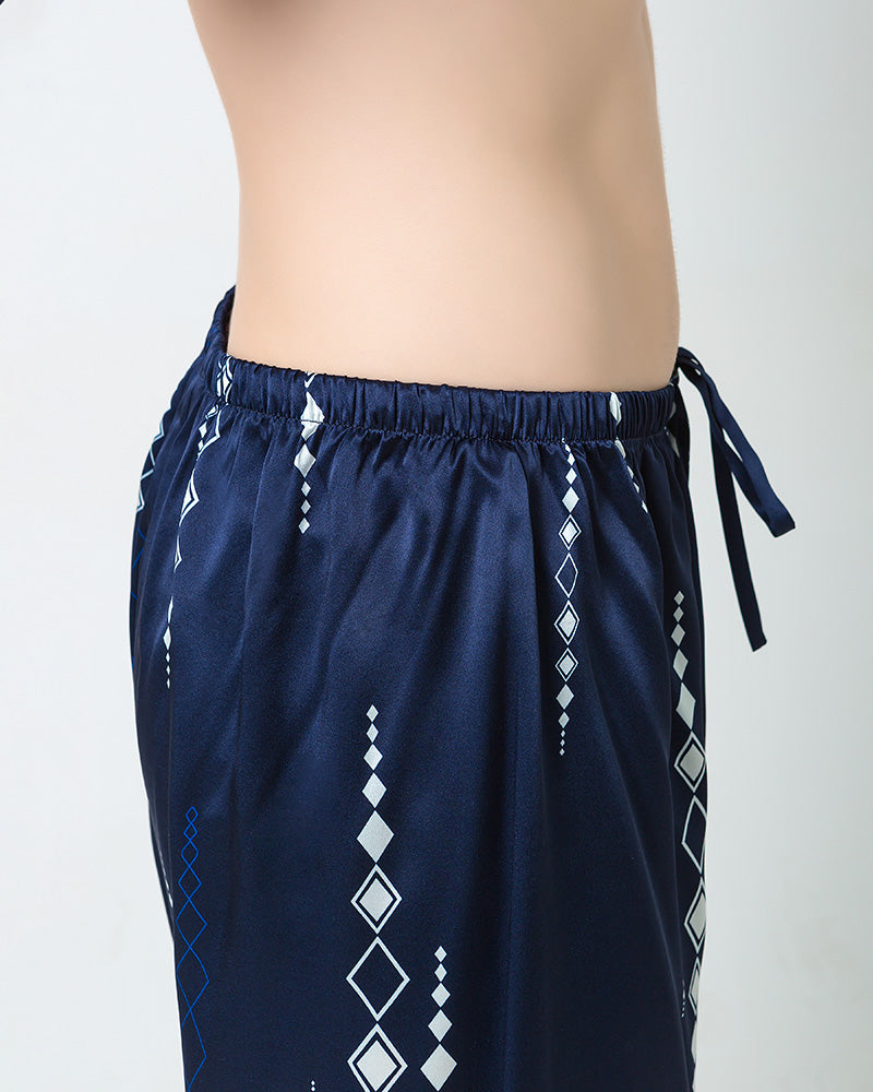 Men's Silk Print Pajamas Set, Navy