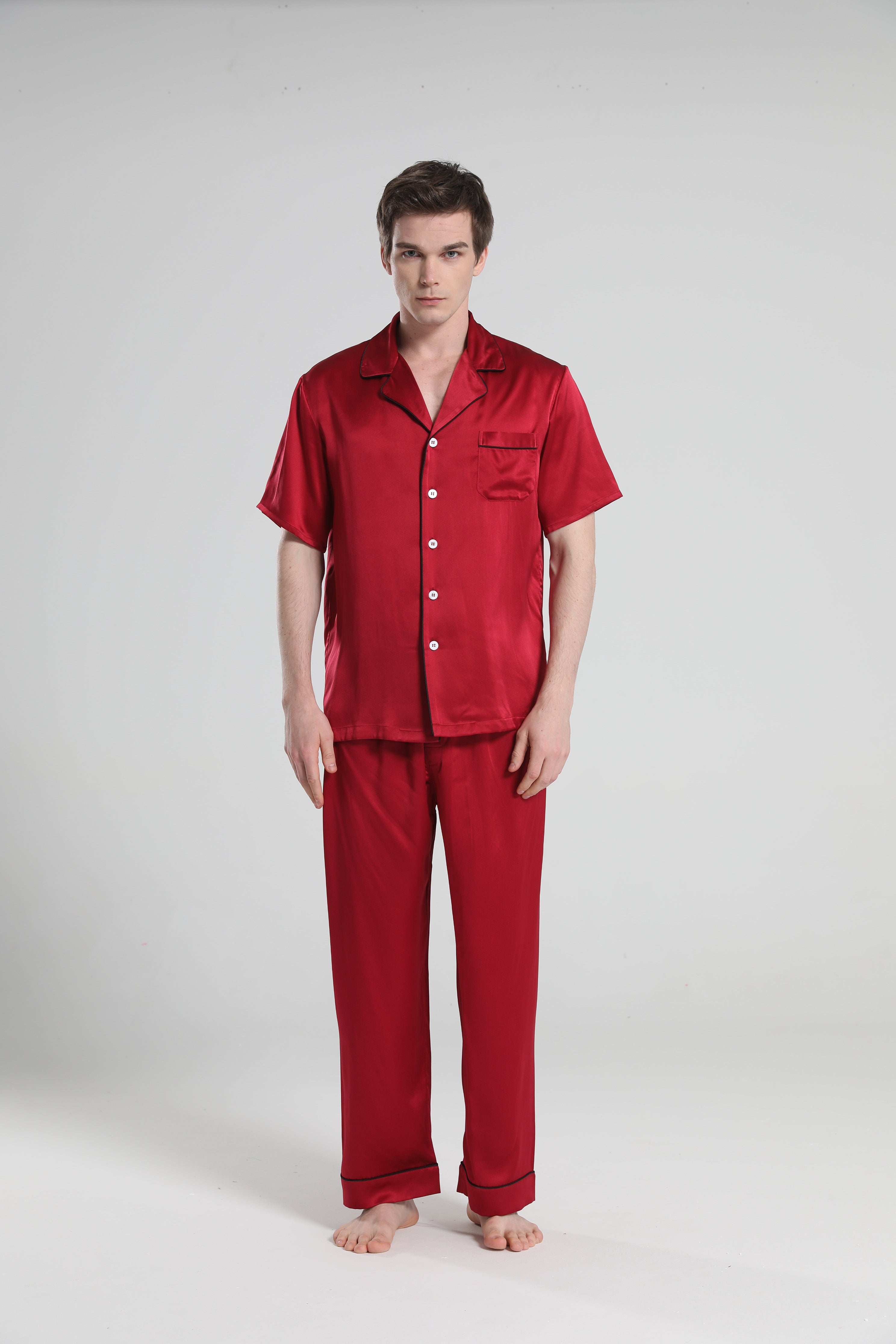 Short Sleeve Silk Pajamas For Men, Burgundy