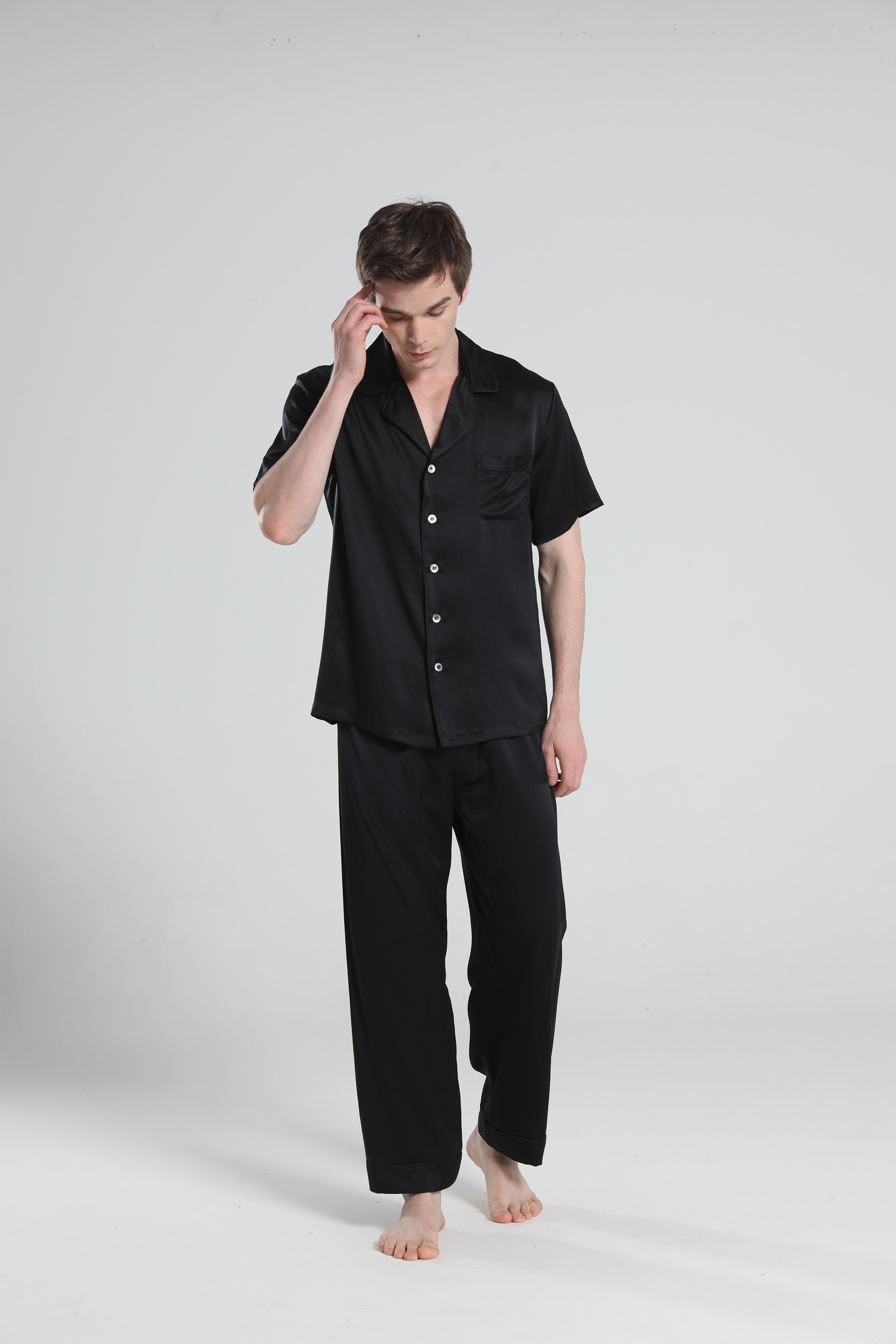 Short Sleeve Silk Pajamas For Men, Black