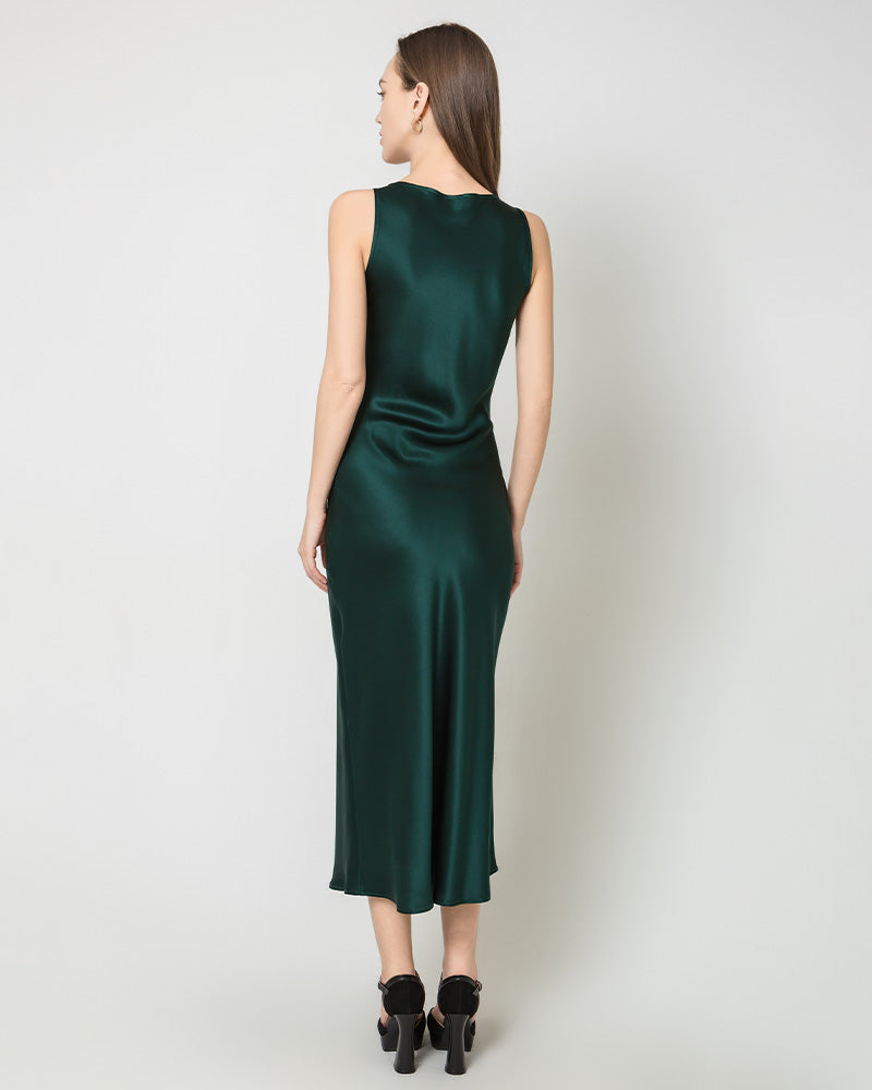 Silk Round Neck Cinched Waist Long Dress, Dark Green