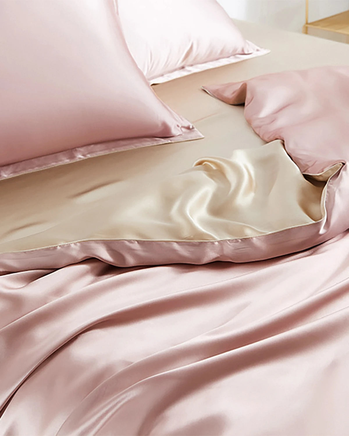 Dual Color Silk Bedding Set 4PCS, Pink and Champagne