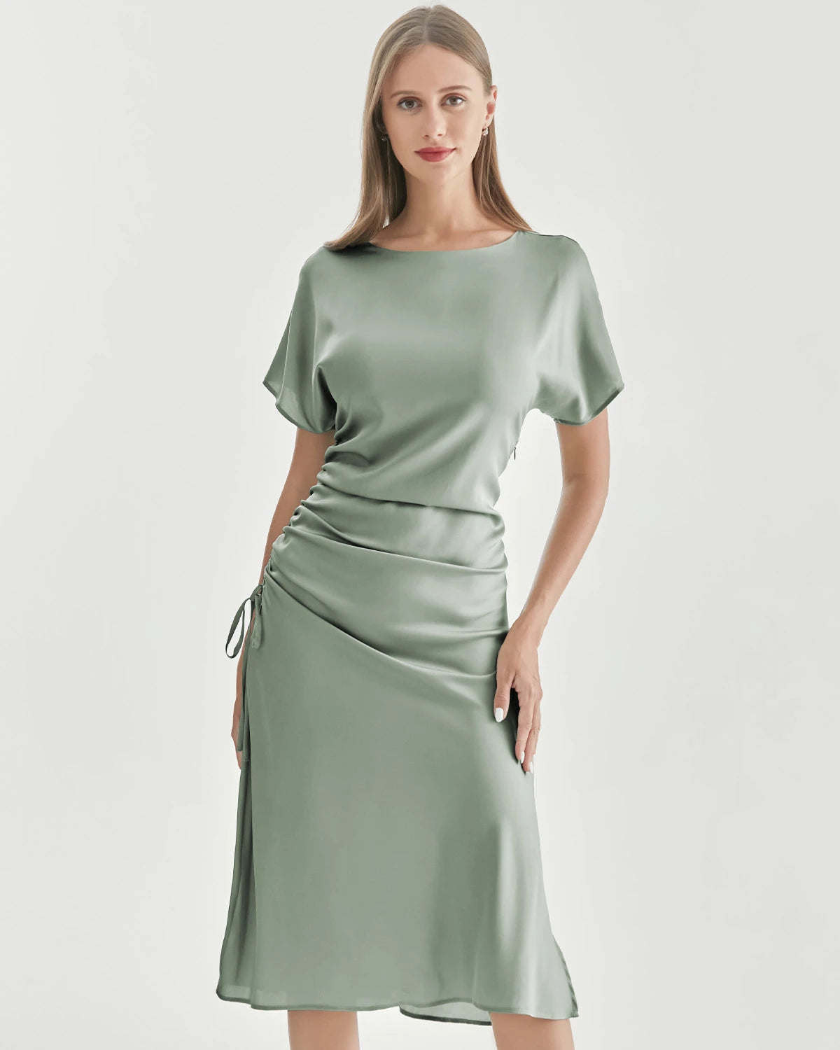Silk Short Sleeve Pleated Dress, Green