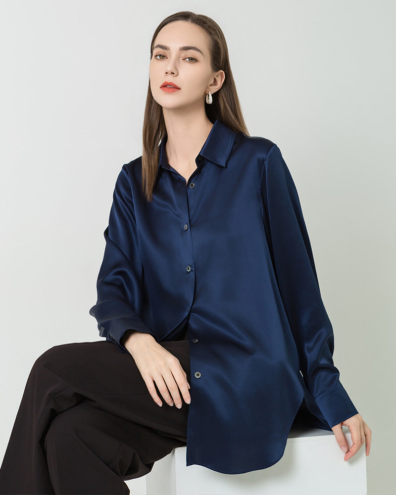 Oversized Button Up Silk Shirt, Navy