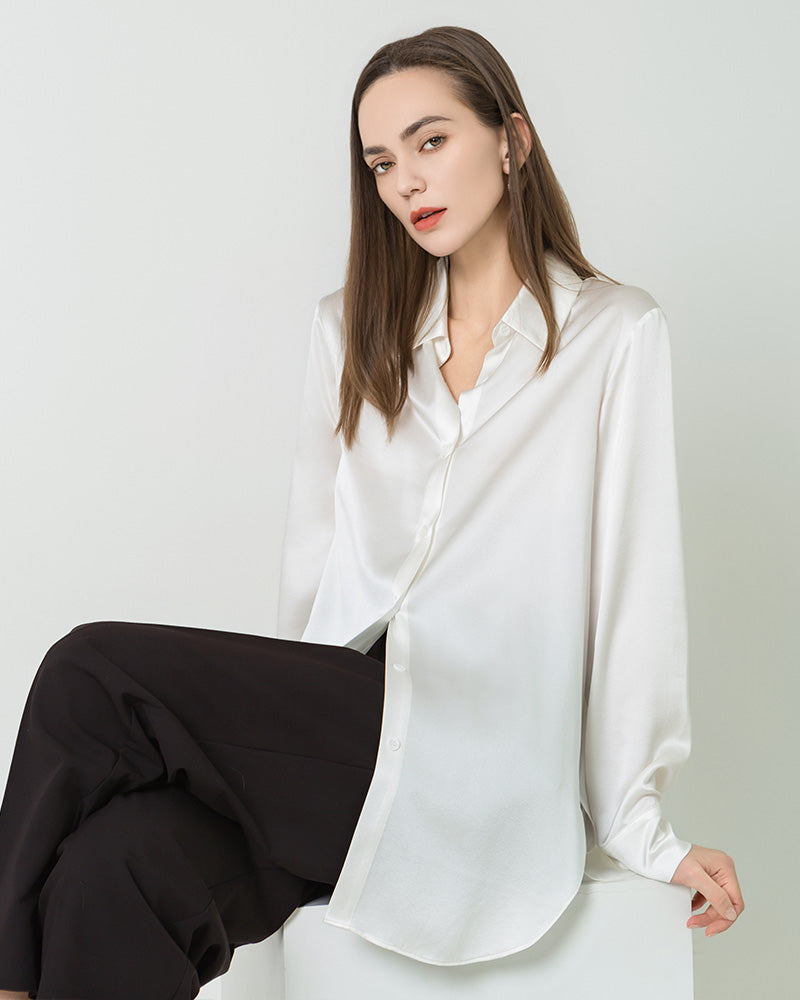 Oversized Button Up Silk Shirt, White