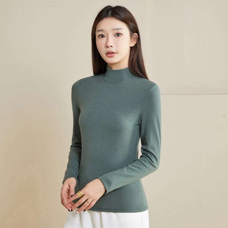Silk Thermal Mock-Neck Top, Green