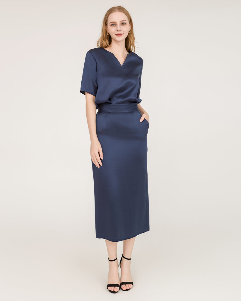 V-Neck Silk Blouse and Silk Midi Skirt Set - DAISYSILK