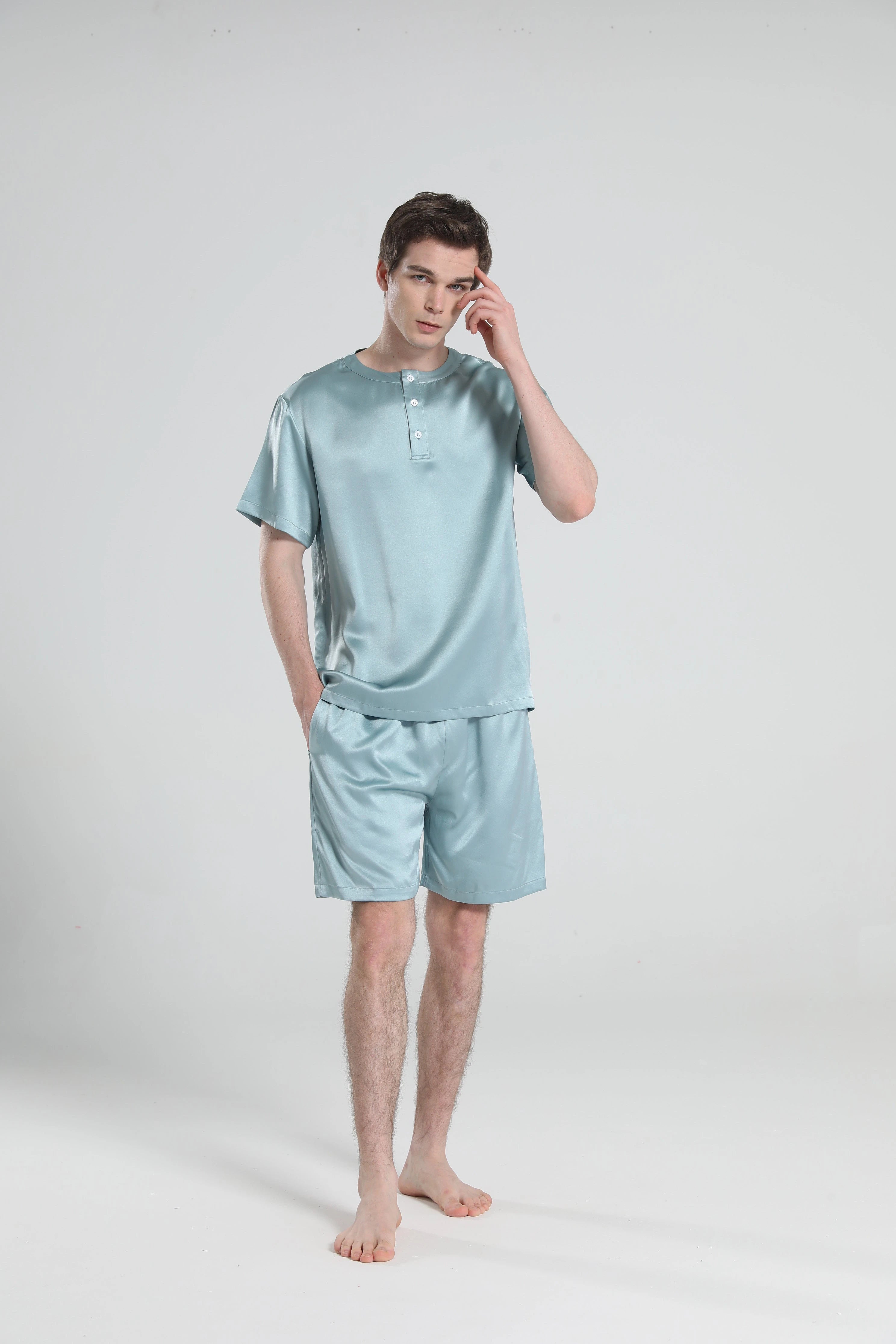 Simple Crew Neck Short Pajamas Set for men, Haze Blue