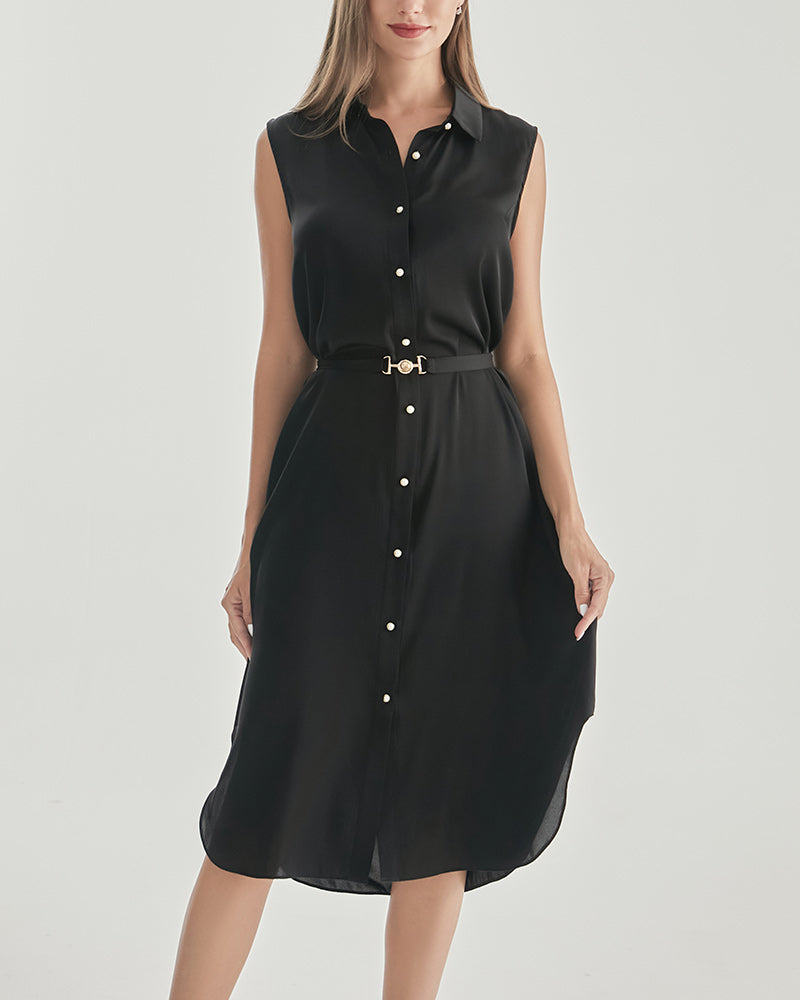 Belted Shirt Dress Sleeveless Silk Dress, Black