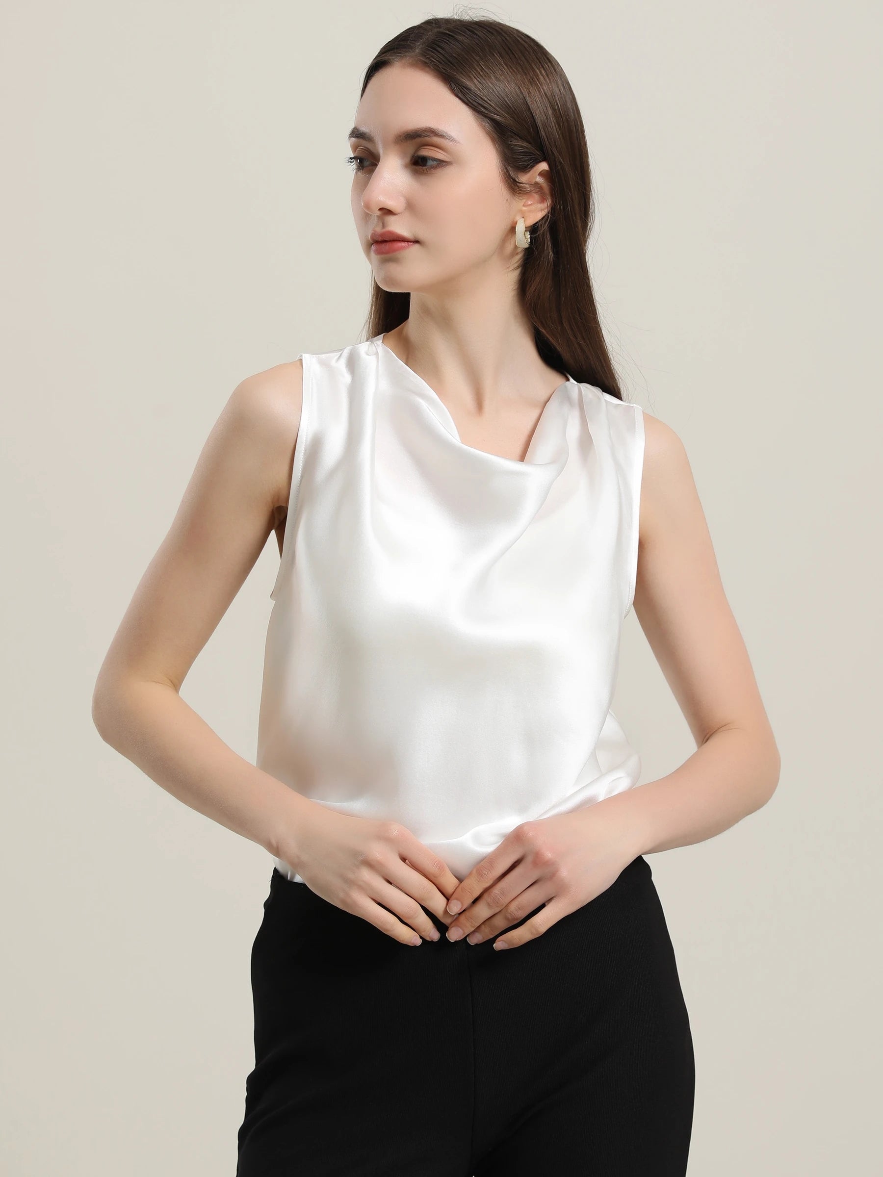 Sleeveless Silk Cowl Neck Top, Ivory