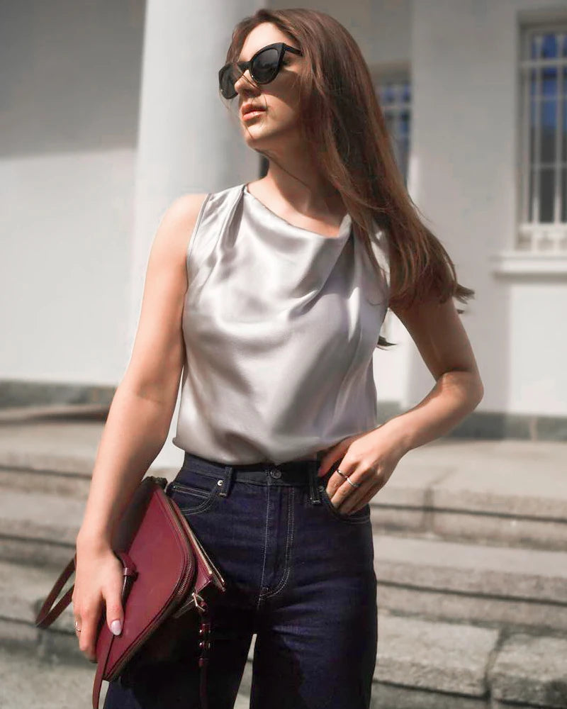 Sleeveless Silk Cowl Neck Top, Grey