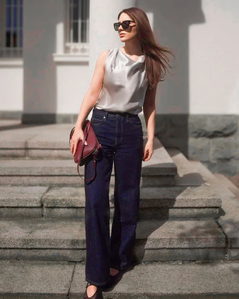 Sleeveless Silk Cowl Neck Top, Grey