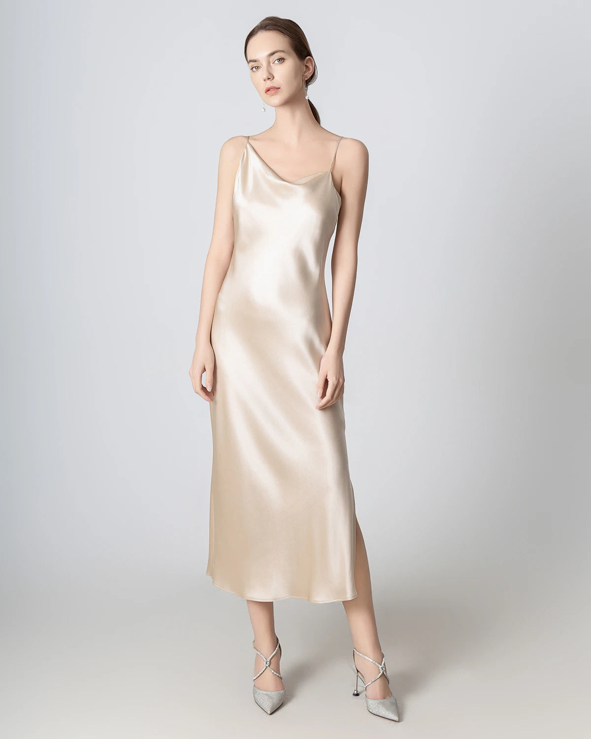Slit Cowl Neck Midi Cami Silk Dress, Champagne