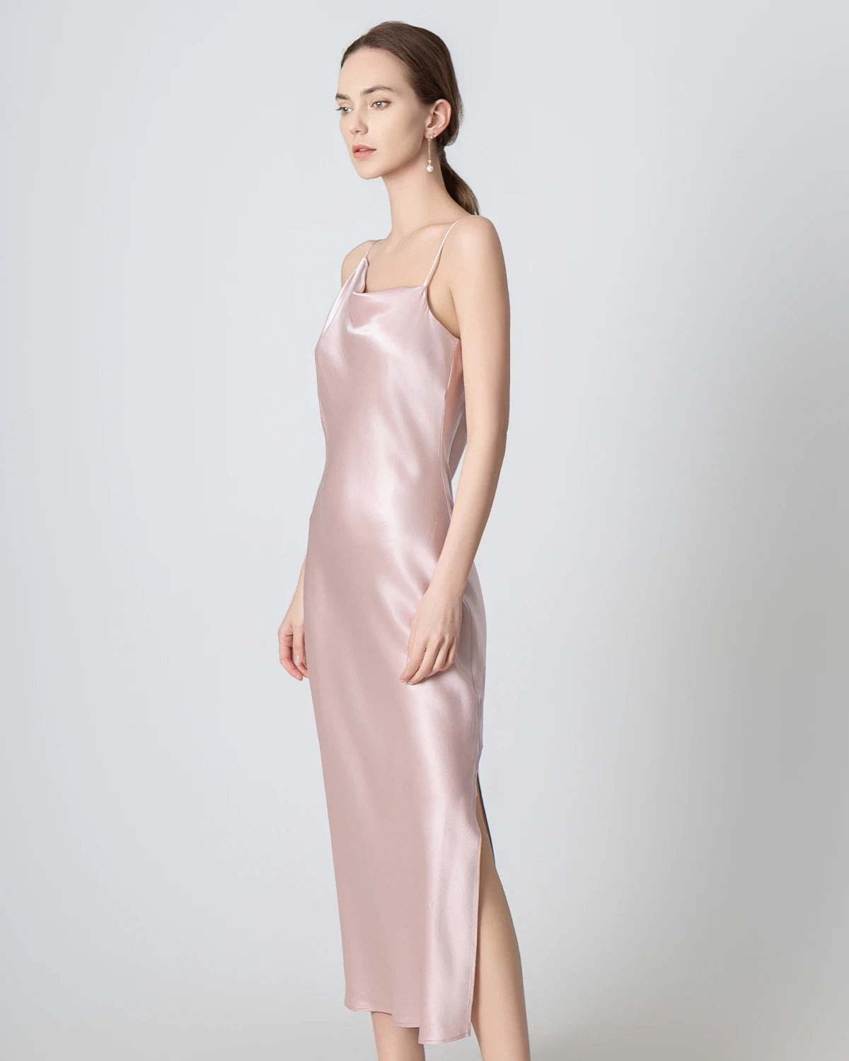 Slit Cowl Neck Midi Cami Silk Dress, Pink