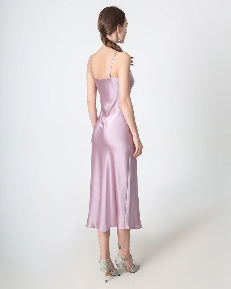 Slit Cowl Neck Midi Silk Dress, Pink