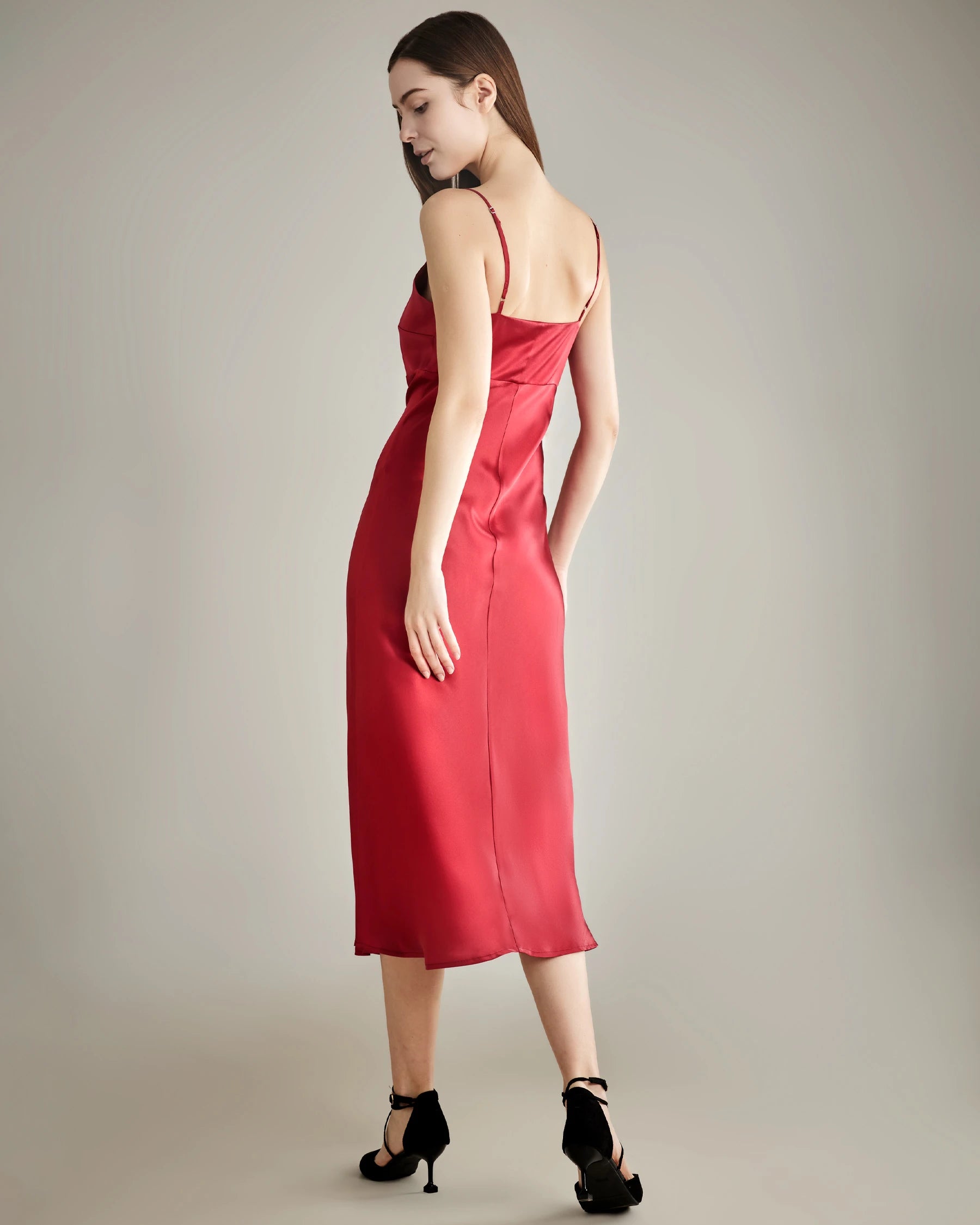 Solid Color Silk Satin Slip Long Dress, Red