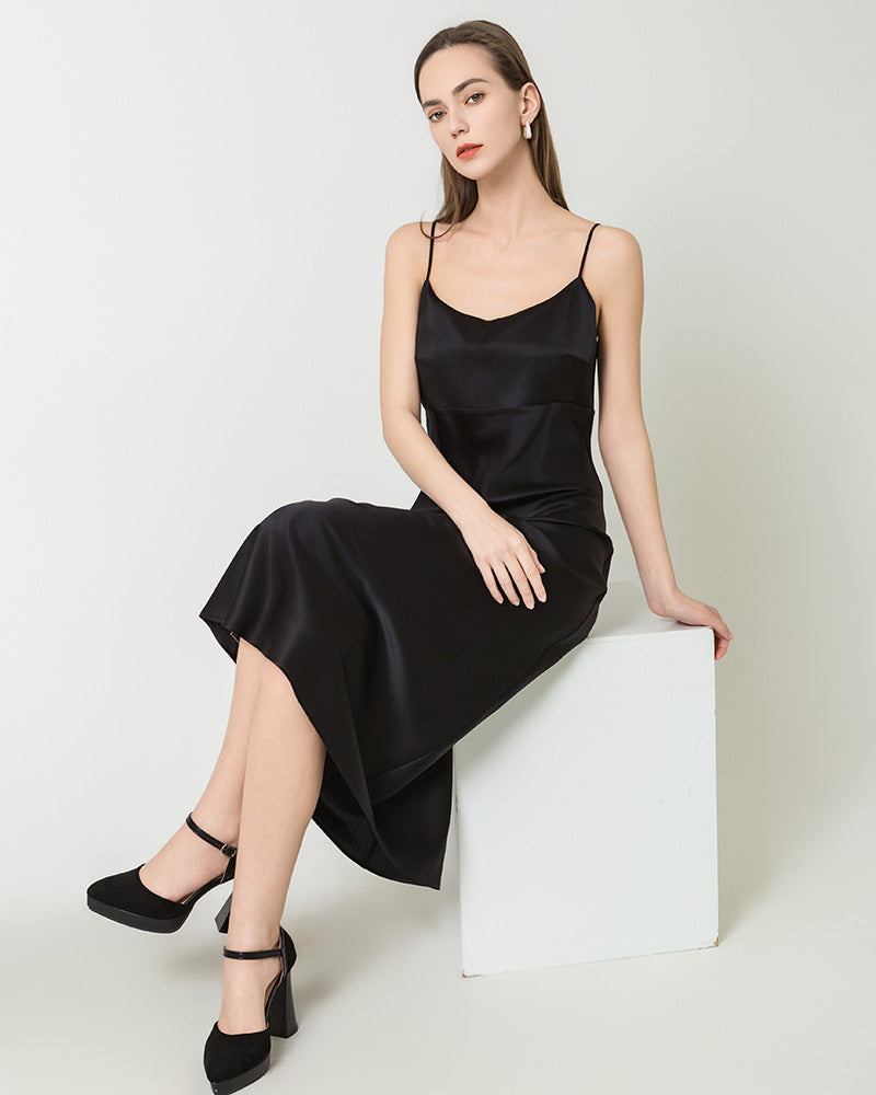 Solid Color Silk Satin Slip Long Dress, Black