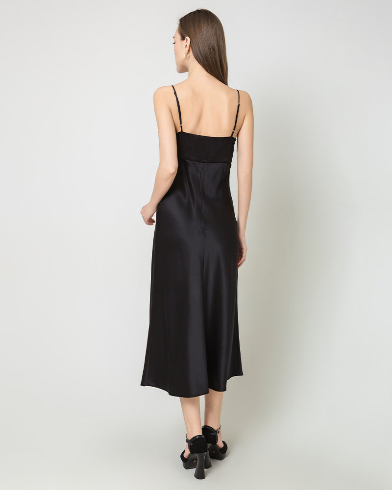 Solid Color Silk Satin Slip Long Dress, Black