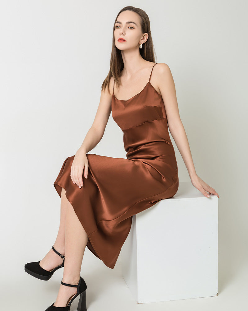 Solid Color Silk Satin Slip Long Dress, Brown
