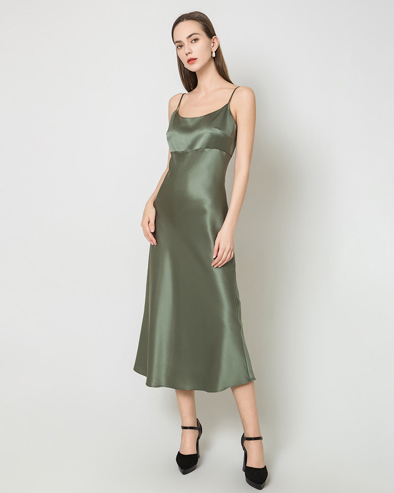 Solid Color Silk Satin Slip Long Dress, Green