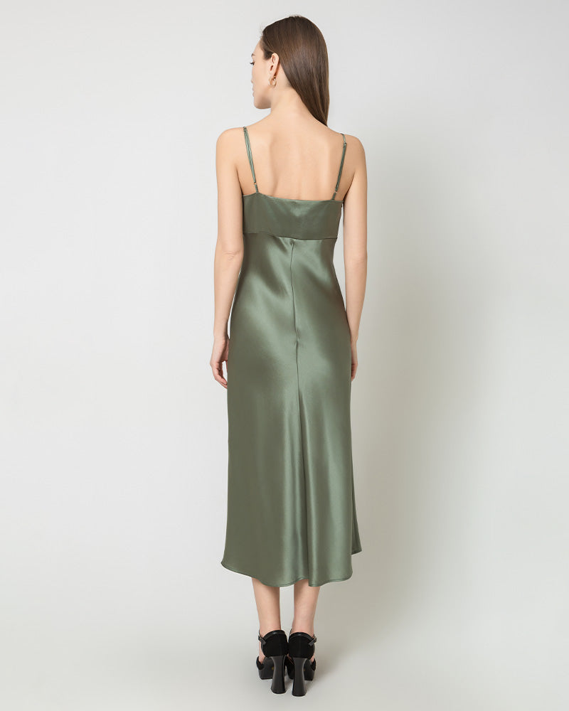 Solid Color Silk Satin Slip Long Dress, Green
