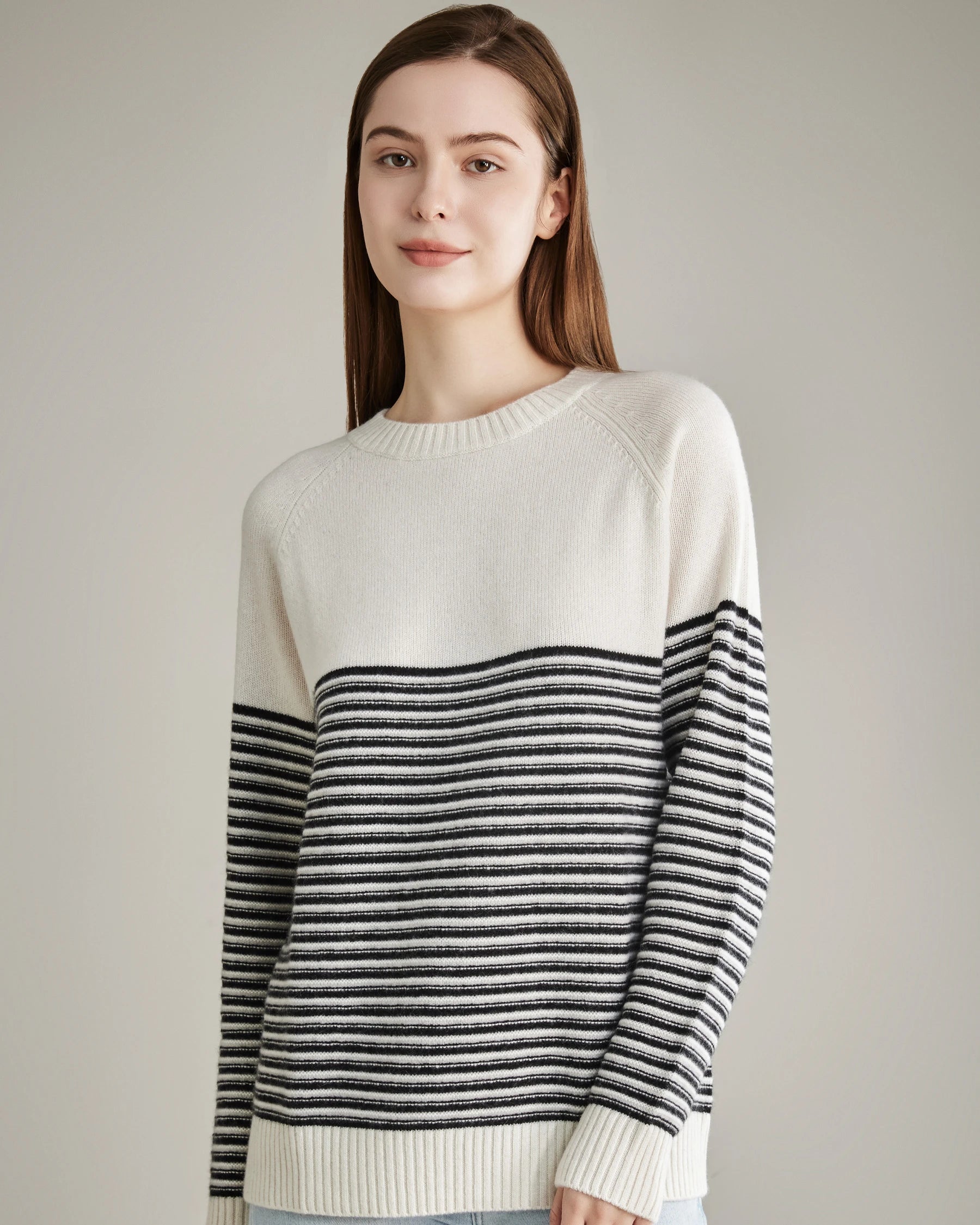 Striped Crew Neck Cashmere Sweater, White And Black