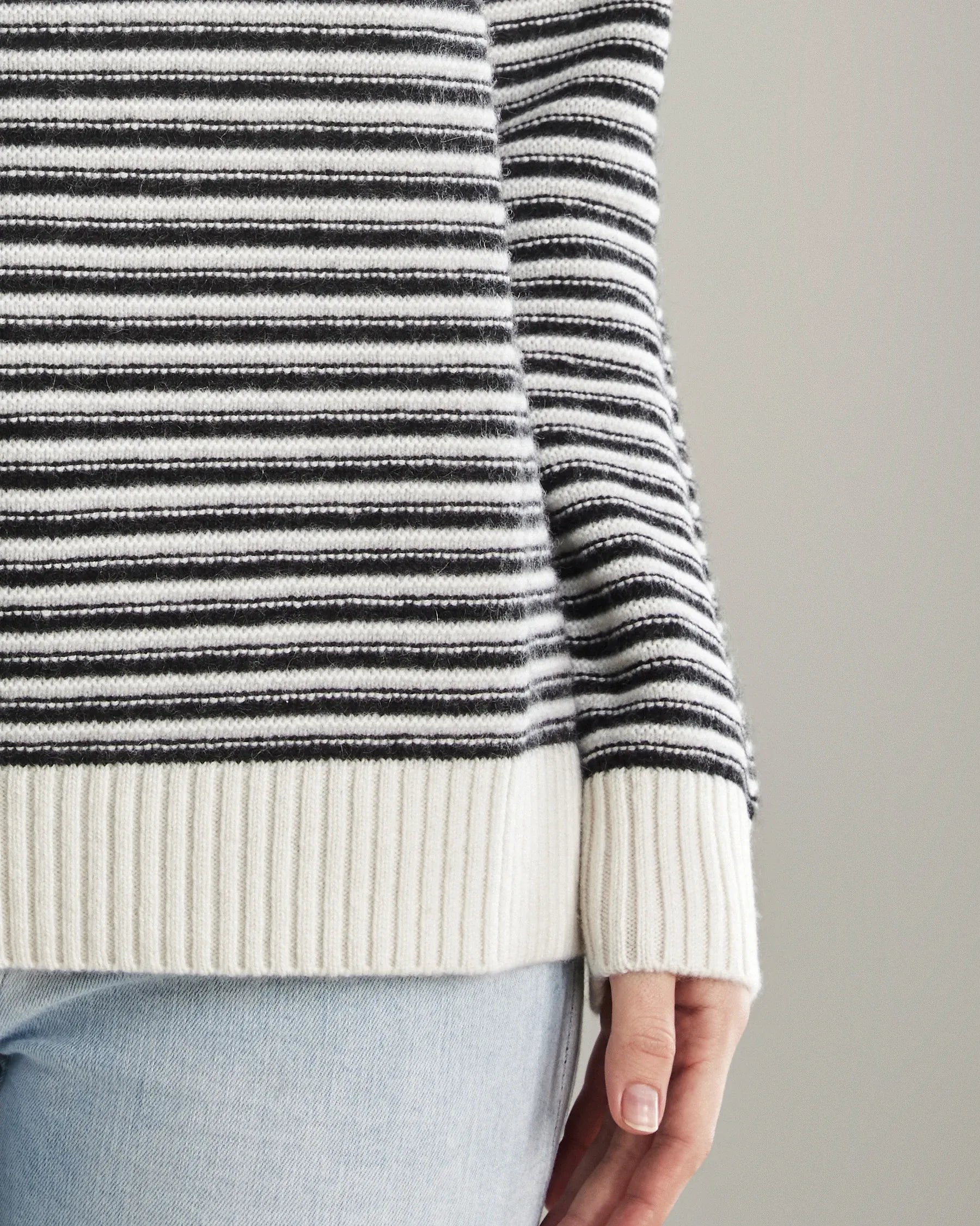 Striped Crew Neck Cashmere Sweater, White And Black
