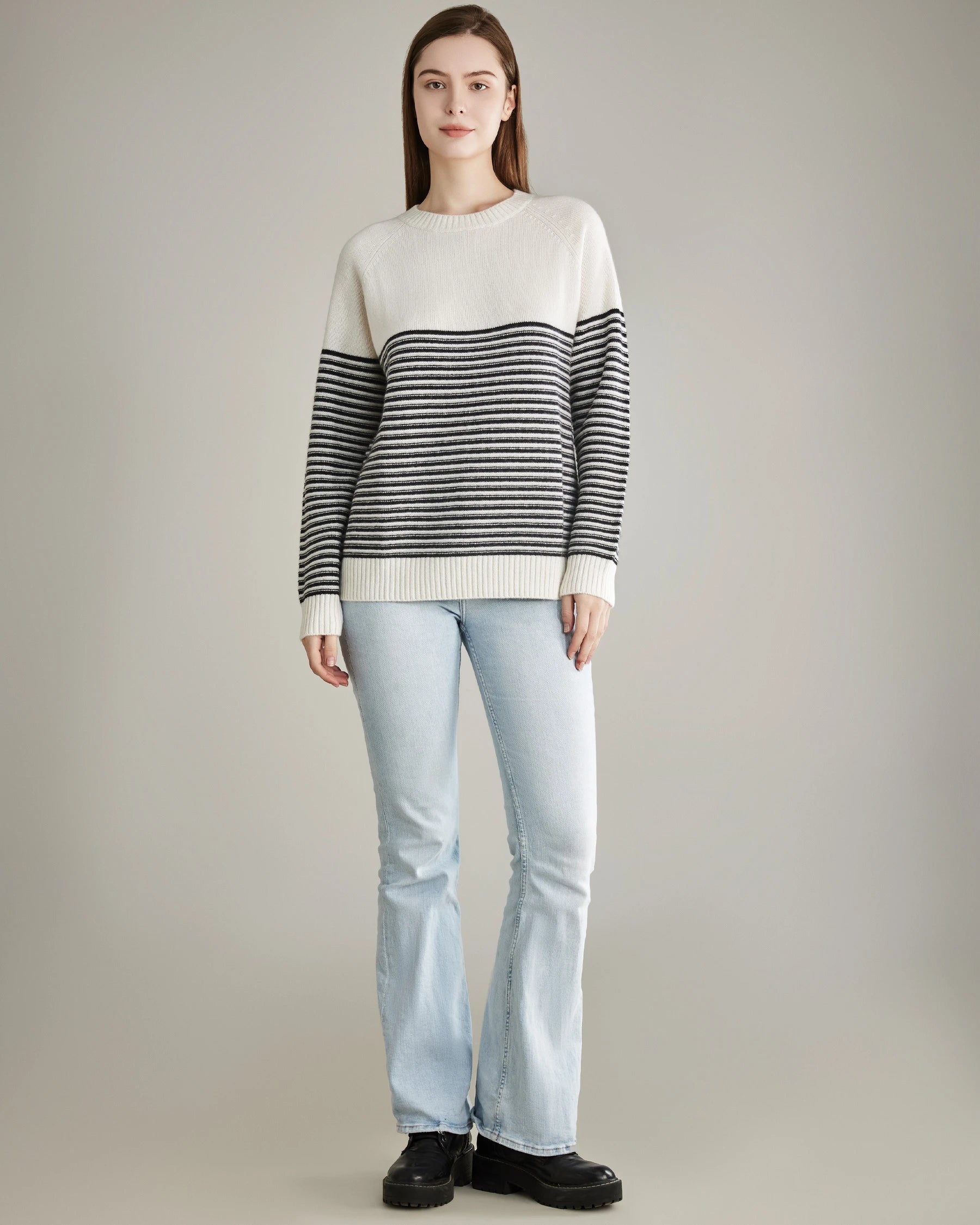 Striped Crew Neck Cashmere Sweater, White And Black