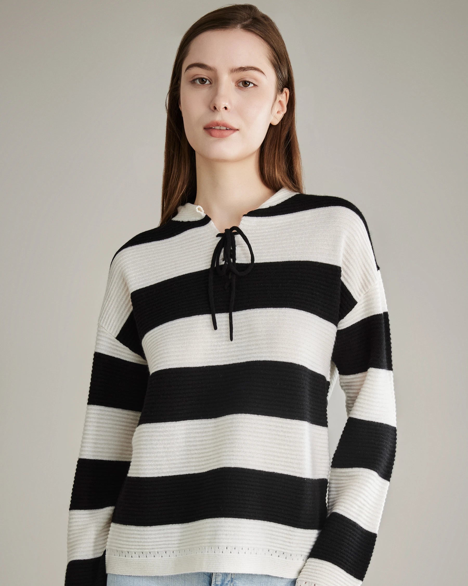 Striped Lace Up Cashmere Sweater, Black and White
