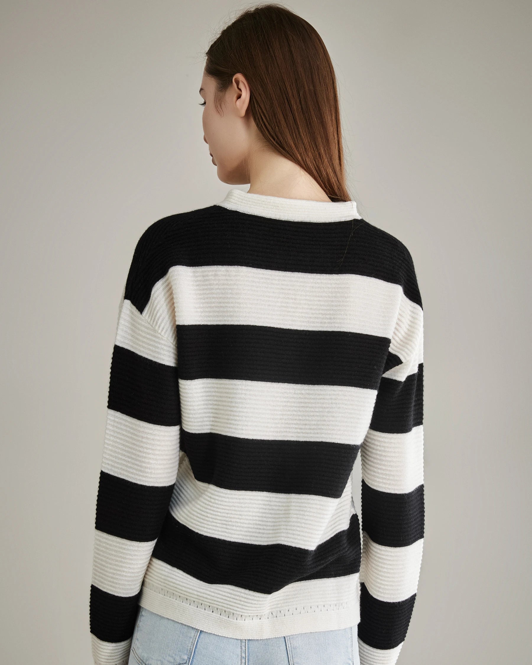 Striped Lace Up Cashmere Sweater, Black and White
