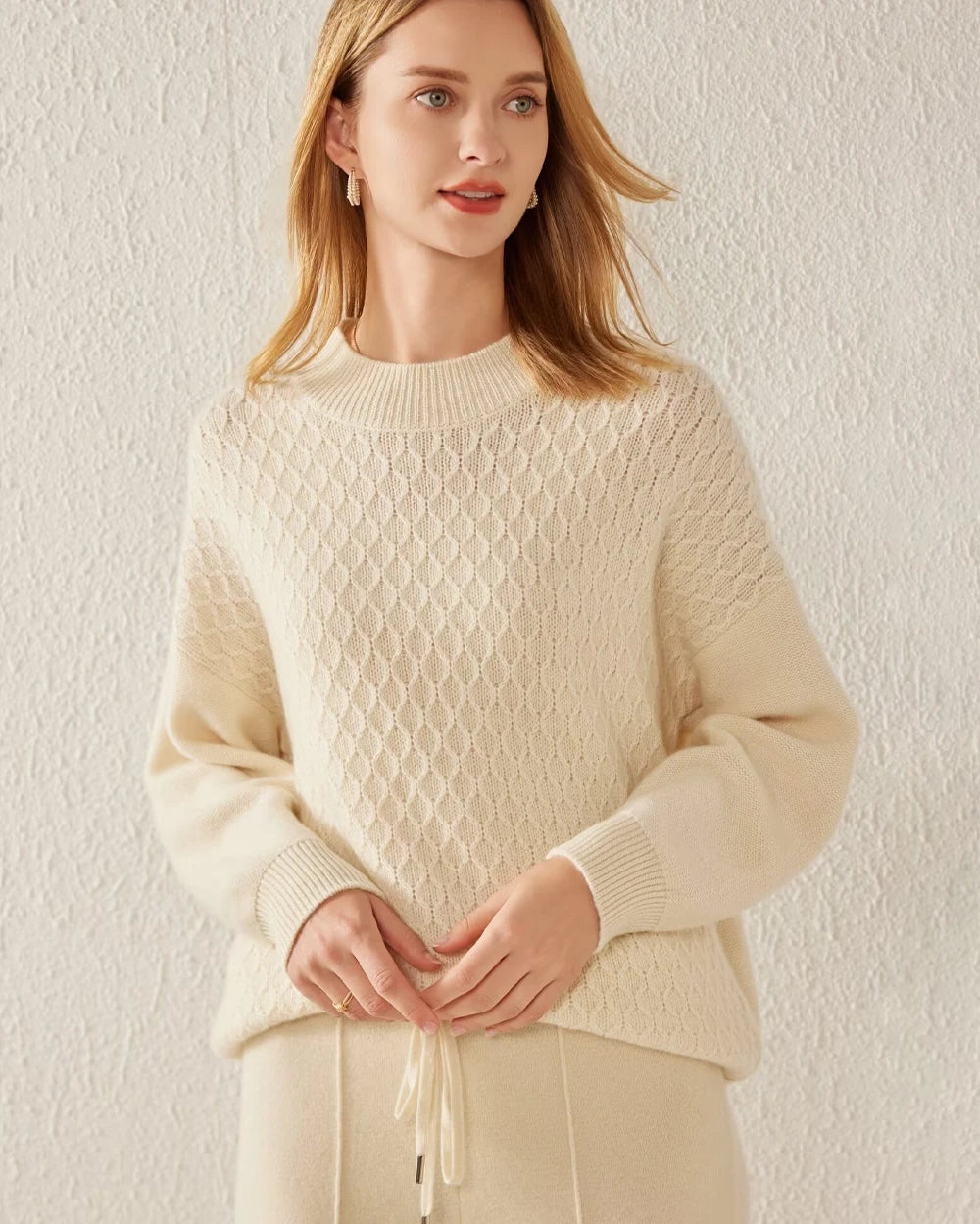 Textured Knit Pattern Cashmere Sweater, White