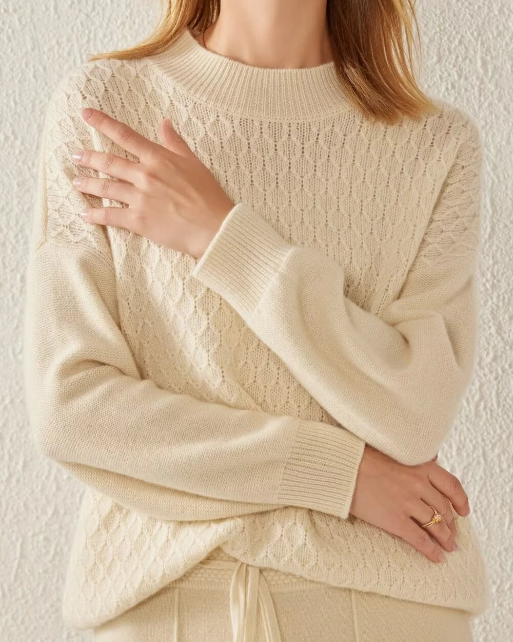 Textured Knit Pattern Cashmere Sweater, White