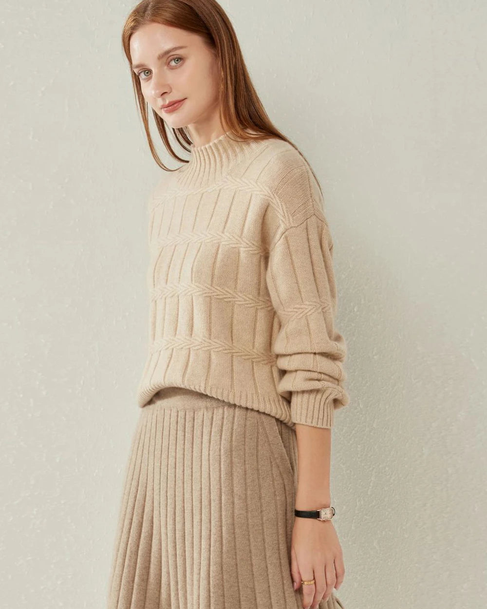 Textured Mock Neck Cashmere Sweater, Camel