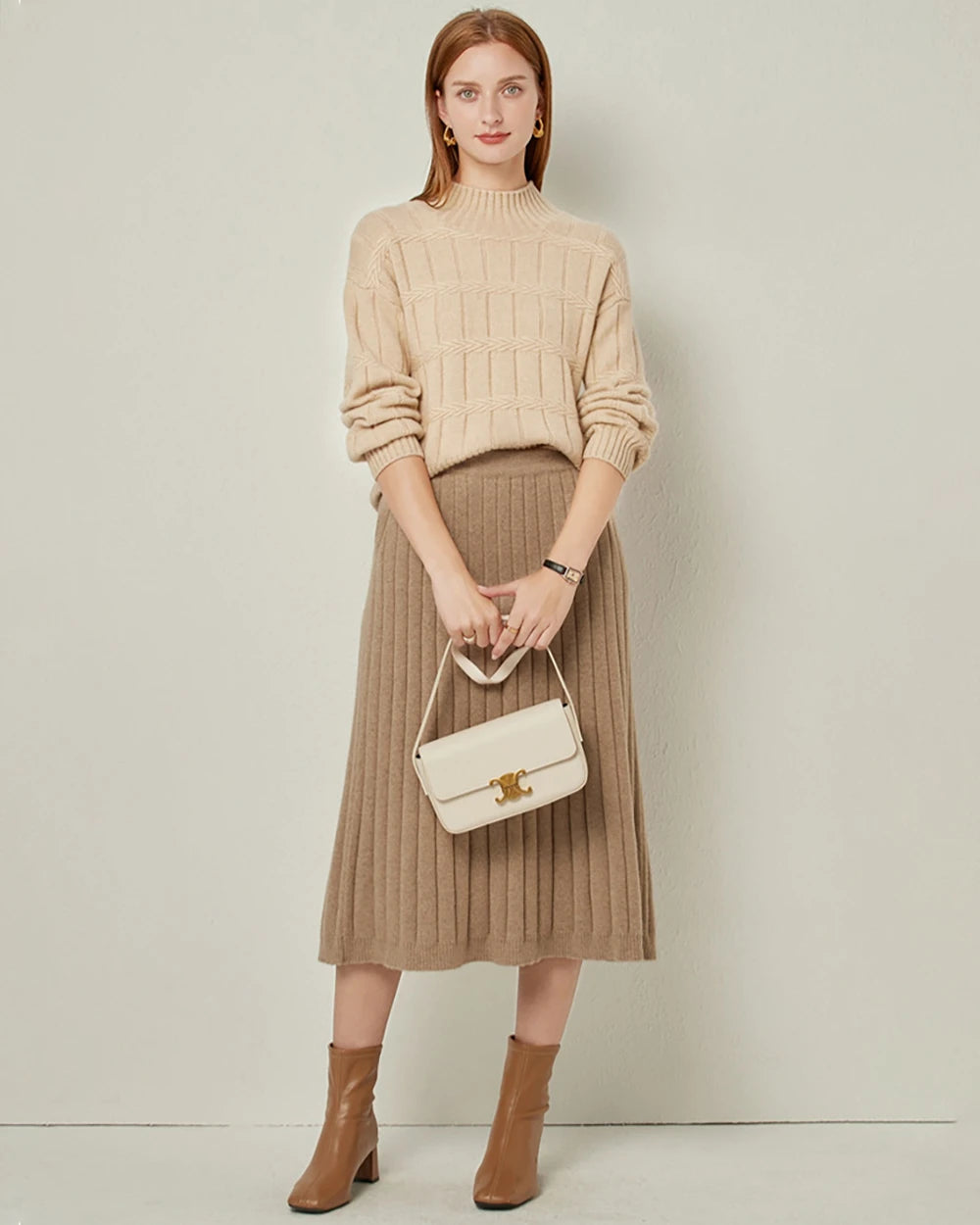 Textured Mock Neck Cashmere Sweater, Camel