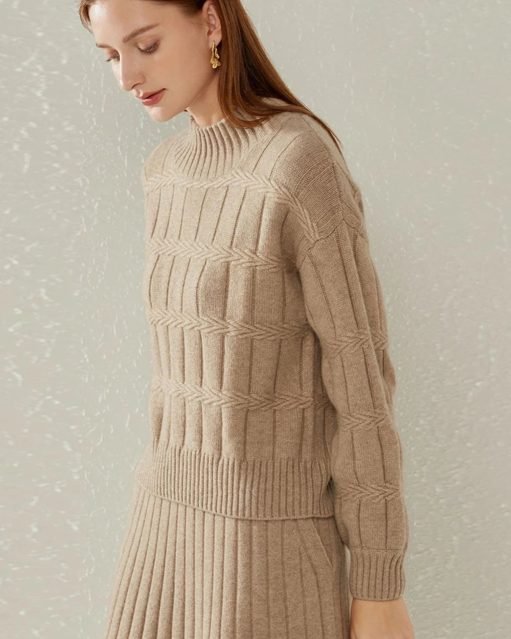 Textured Mock Neck Cashmere Sweater, Dark Camel